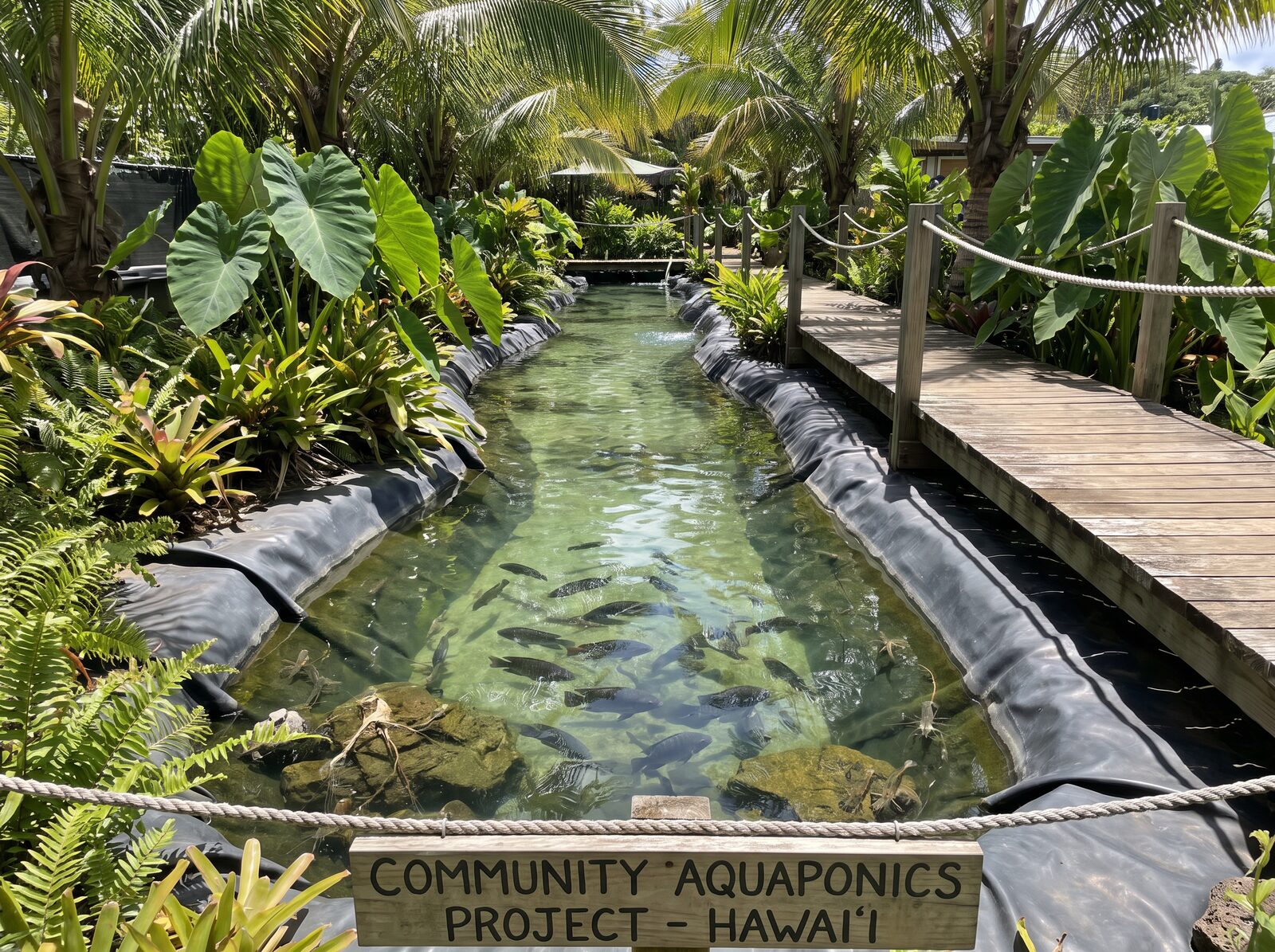 Long narrow aquaponic pond system lined with pond liner, with tilapia and prawns visible in clear water, surrounded by tropical plants