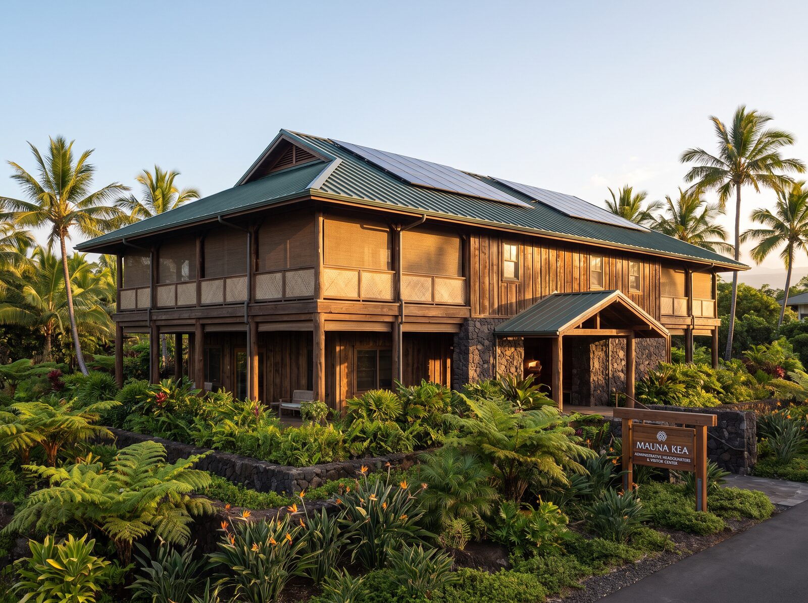 Two-story Hawaiian base office serving as administrative headquarters and visitor center for World Water Solutions