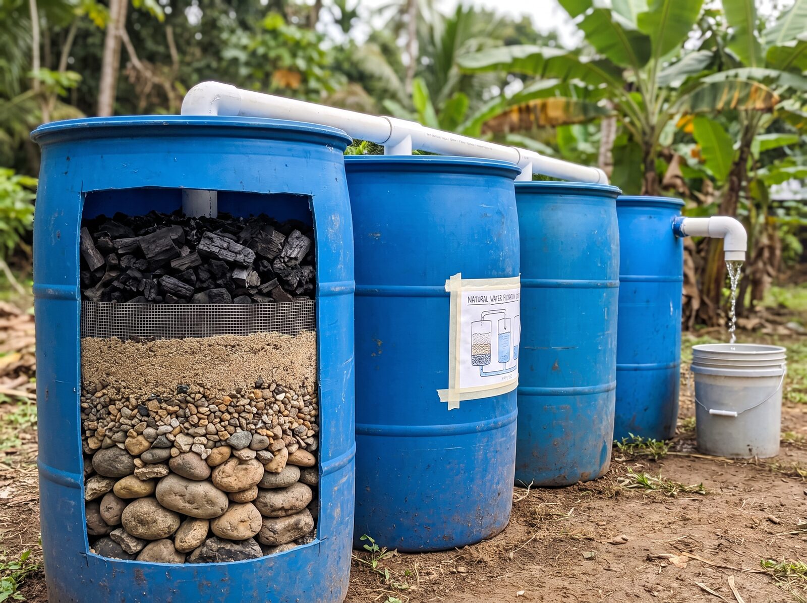 Four 55-gallon drums arranged as a biochar water filtration system, cross-section showing rock, gravel, sand, mesh, and charcoal layers