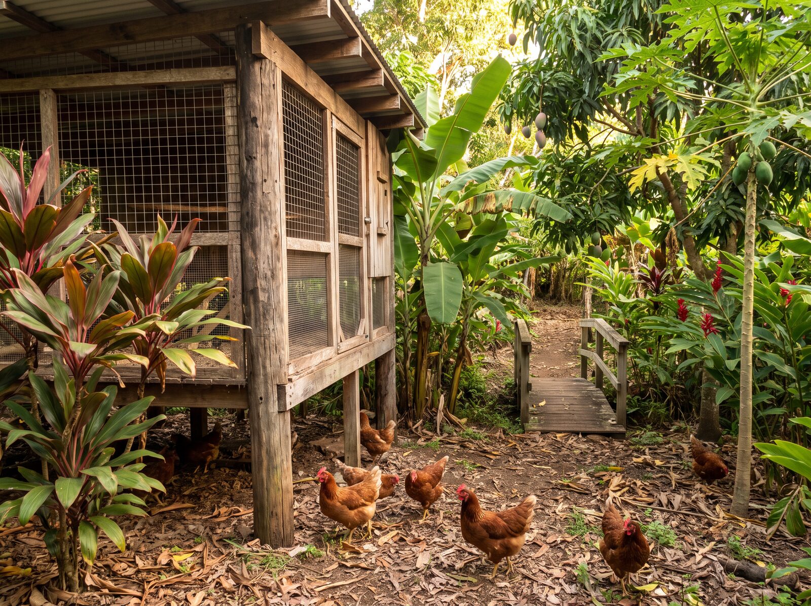 Predator-proof wooden chicken coop in a tropical food forest with free-ranging hens and a small footbridge