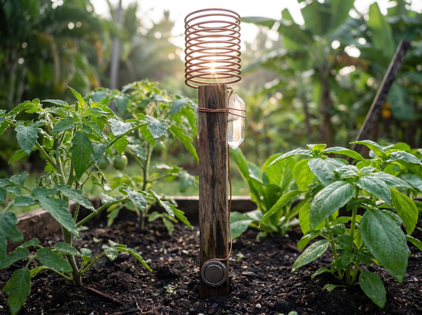 Electroculture antenna made of copper coil wrapped around a wooden stake with a quartz crystal and magnet, planted in a garden bed of healthy vegetables