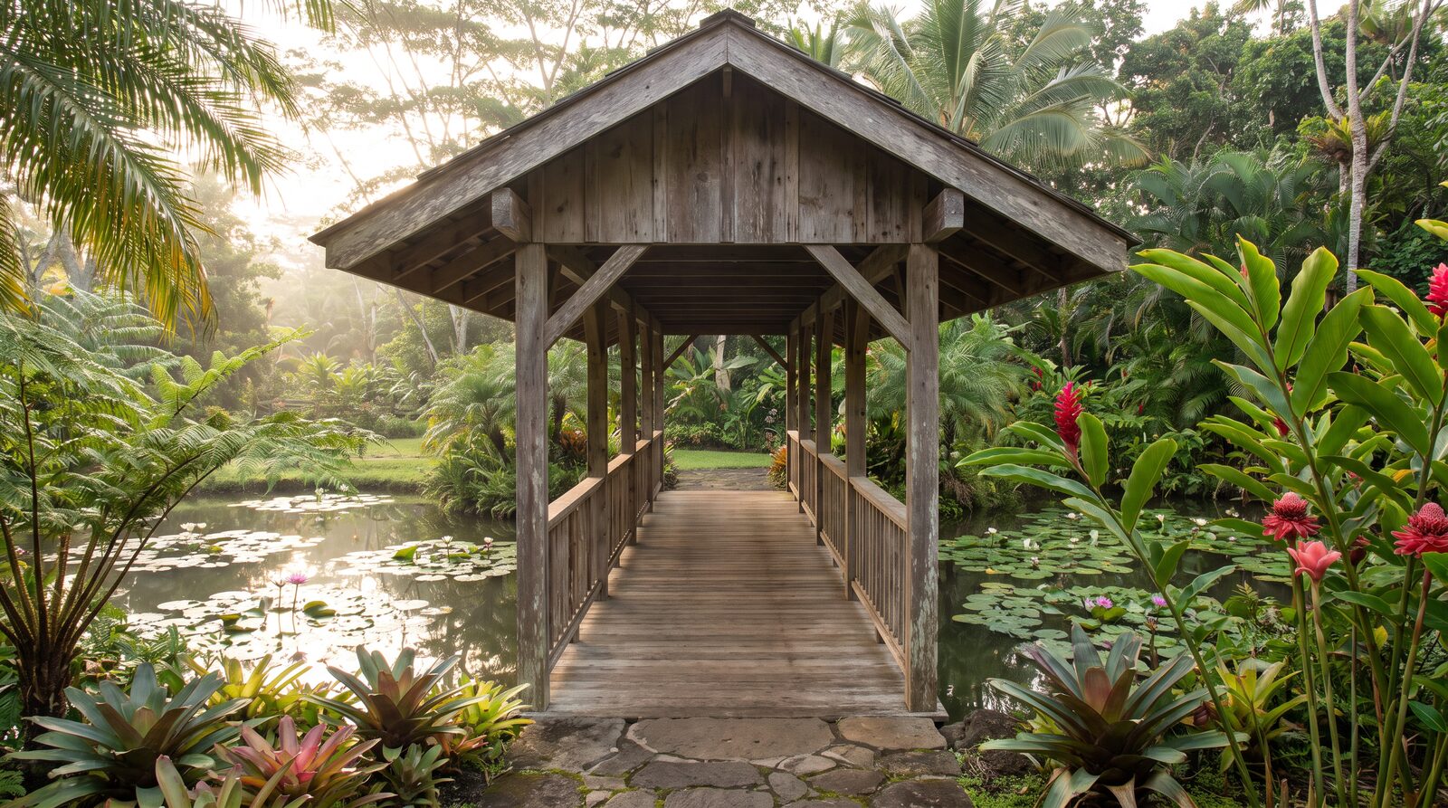 Covered wooden entry walkway bridging over a small reflective pond at the sanctuary entrance