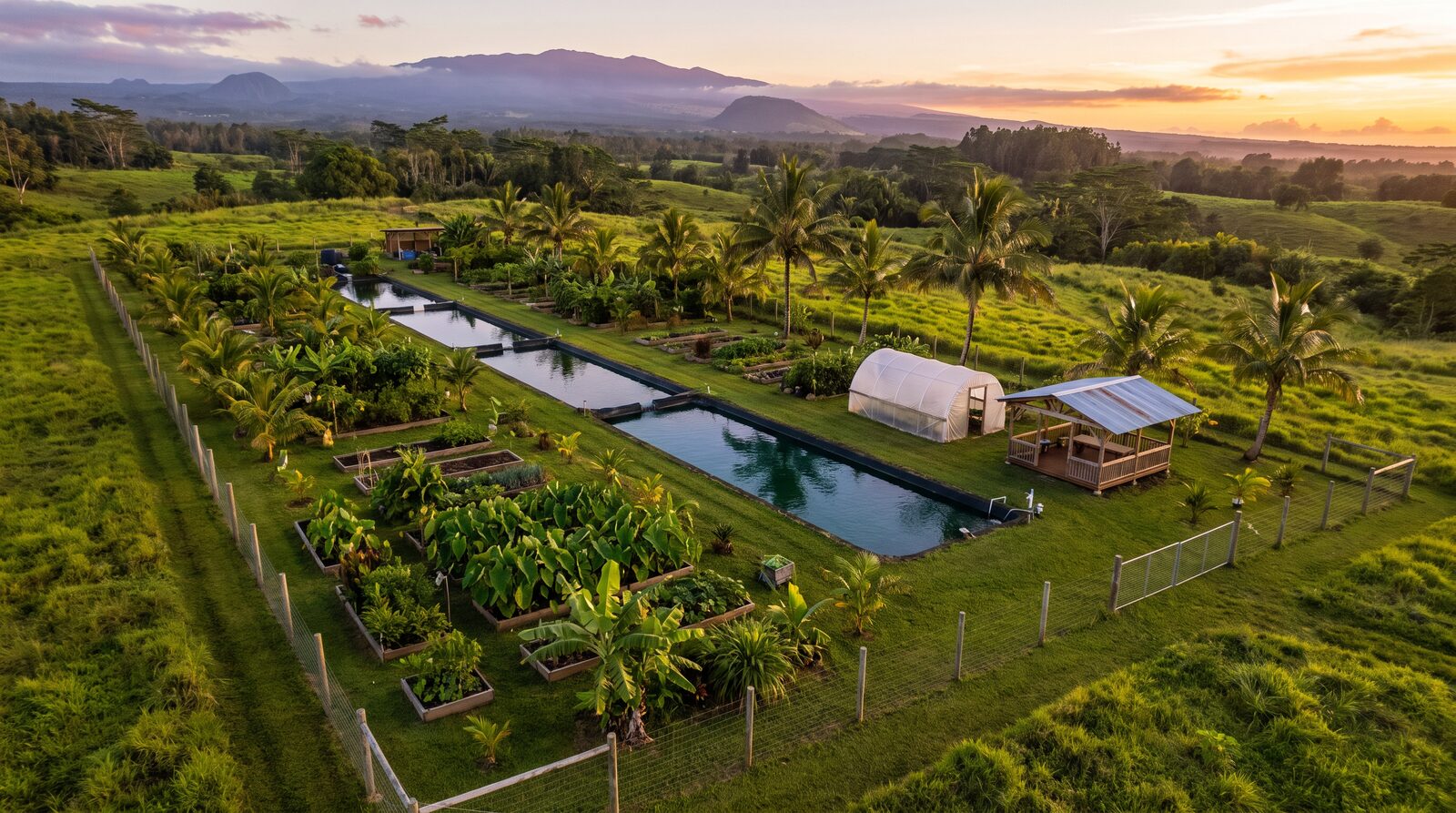 Aerial view of the WWS Agro Culture Sanctuary at sunset showing the aquaponic ponds, greenhouse, garden beds, and surrounding palms in Mililani, Hawai'i