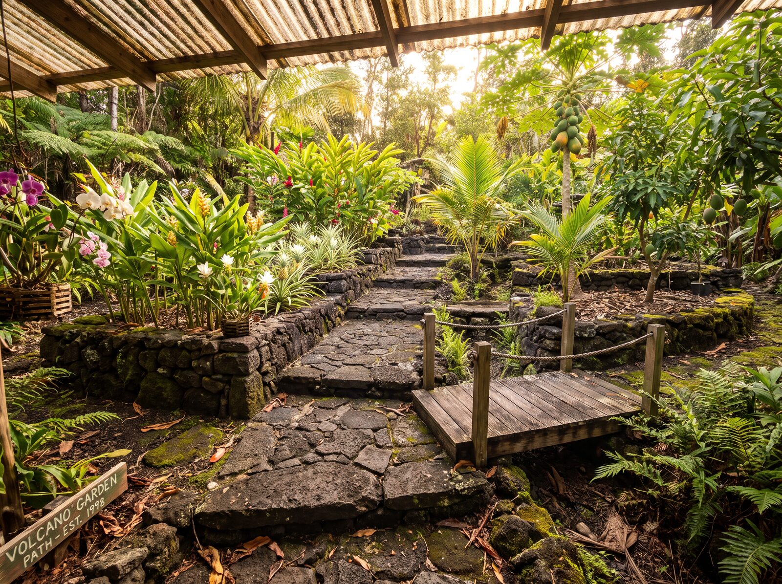 Lava rock crack garden walkway under a metal roof canopy on raw timber posts, with tiered garden beds of turmeric, ginger, orchids, and papaya