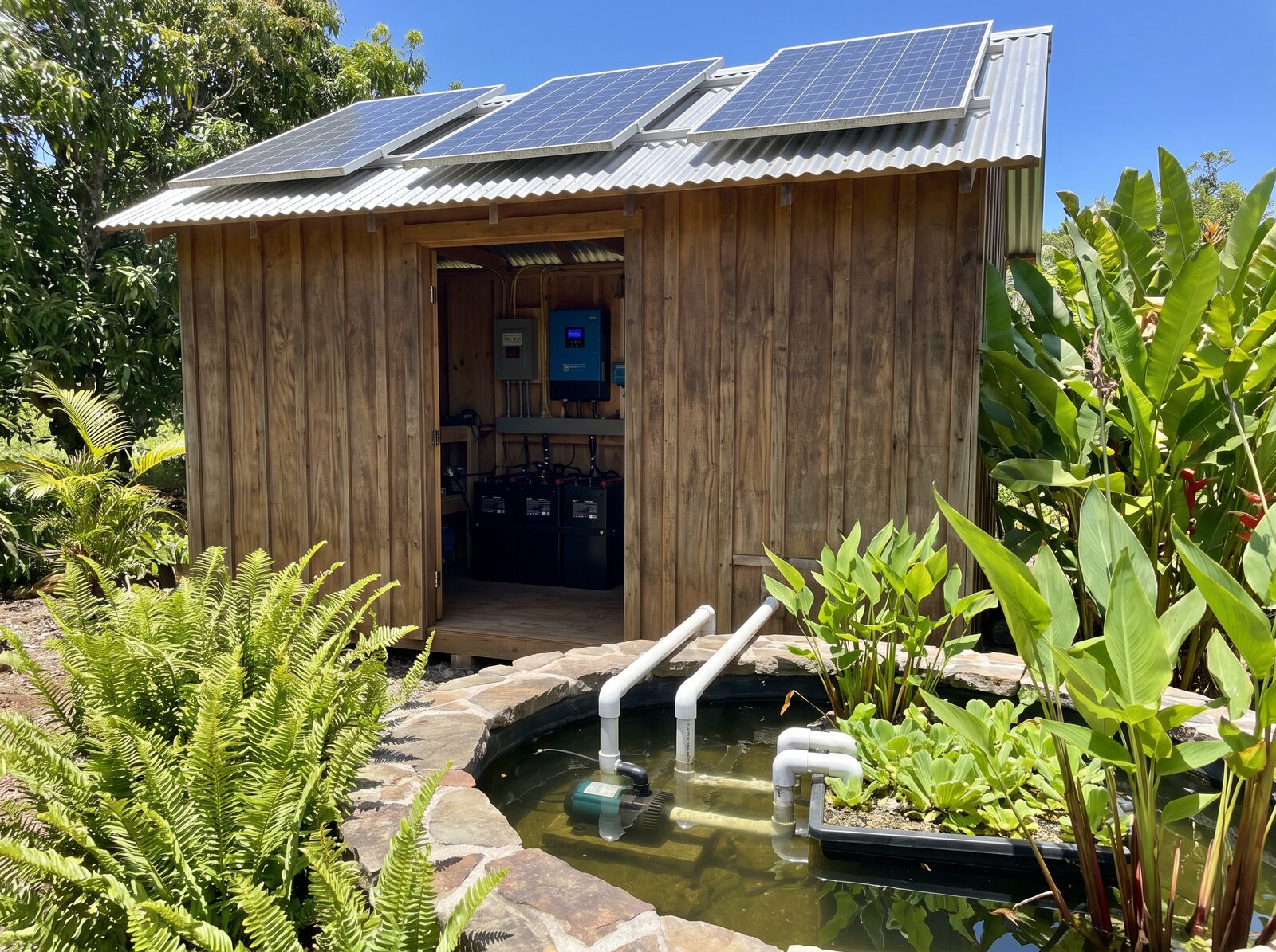 Solar house with panels, batteries, and inverters, next to a water pump station feeding the aquaponic system